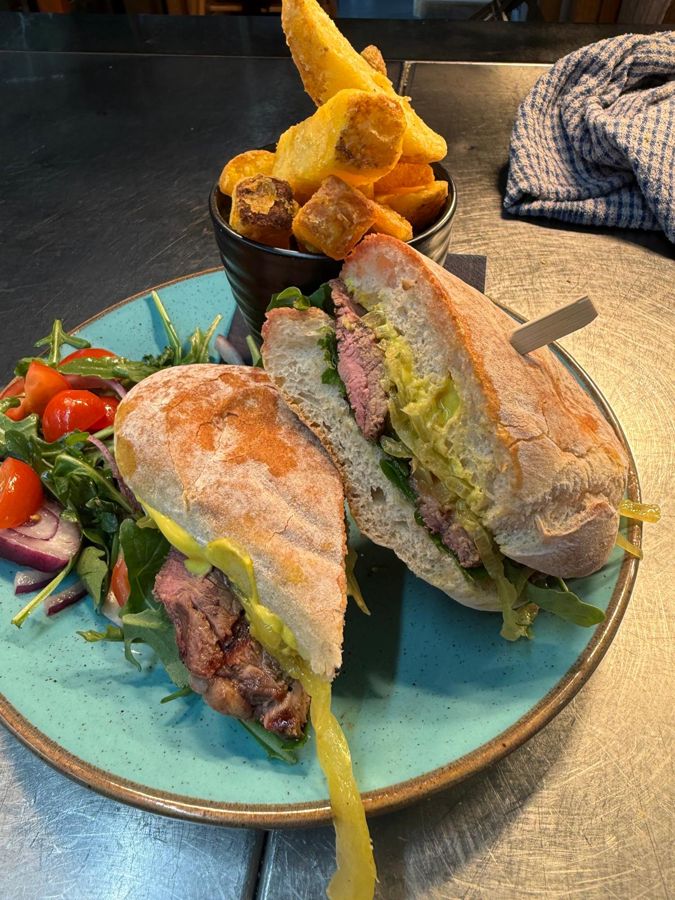 Steak ciabatta with chunky chips and side salad